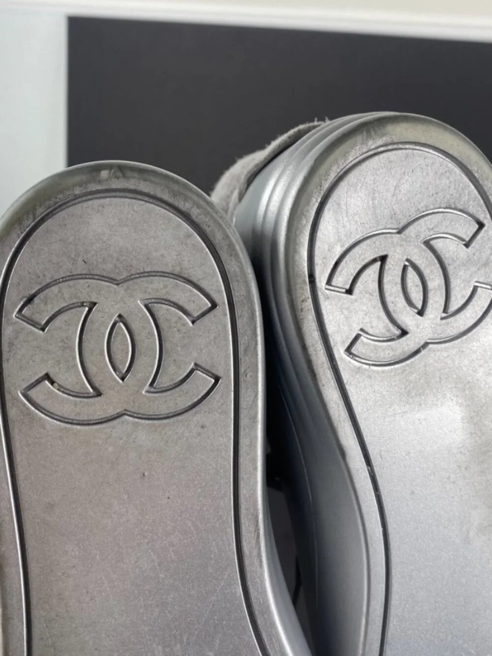 Chanel Grey Silver Suede Rubber CC High Top Sneakers Size 37.5